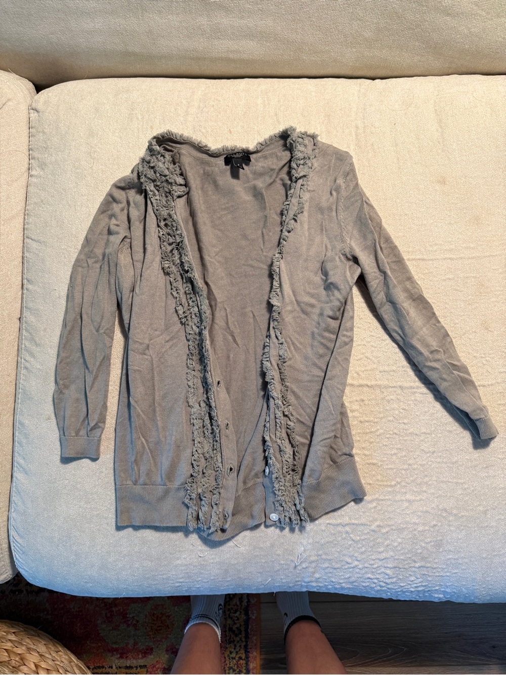 Light Gray/green Fringe-Trim Cardigan Sweater